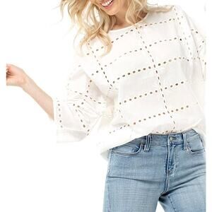 Liverpool White Eyelet Dolman Popover Blouse Top 3/4 Sleeves Scoop Neck Large